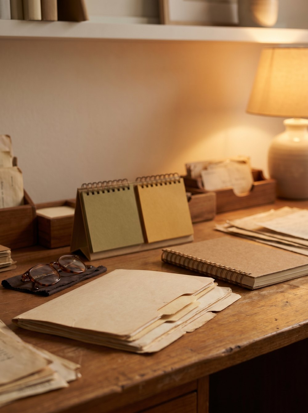A full folder of retirement planning worksheets and reference sheets fanned out on a warm wooden desk.
