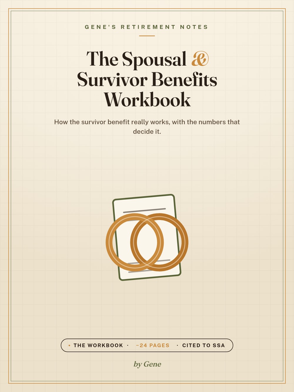 Two gold wedding bands resting on an open blank planning workbook beside two cups of coffee on a warm wooden table, the Spousal and Survivor Benefits Workbook paired with the Self-Audit Kit.
