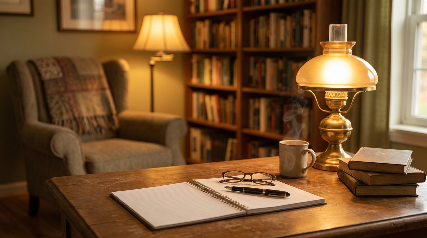 A warm, lamp-lit study with a notebook, reading glasses, and a coffee mug on a wooden desk — Gene's den.