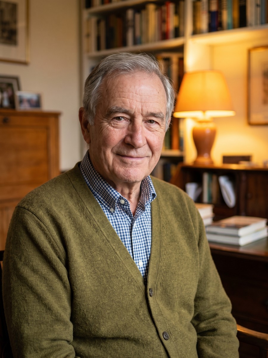 Gene in his lamp-lit study, smiling warmly in an olive cardigan with a bookshelf behind him.